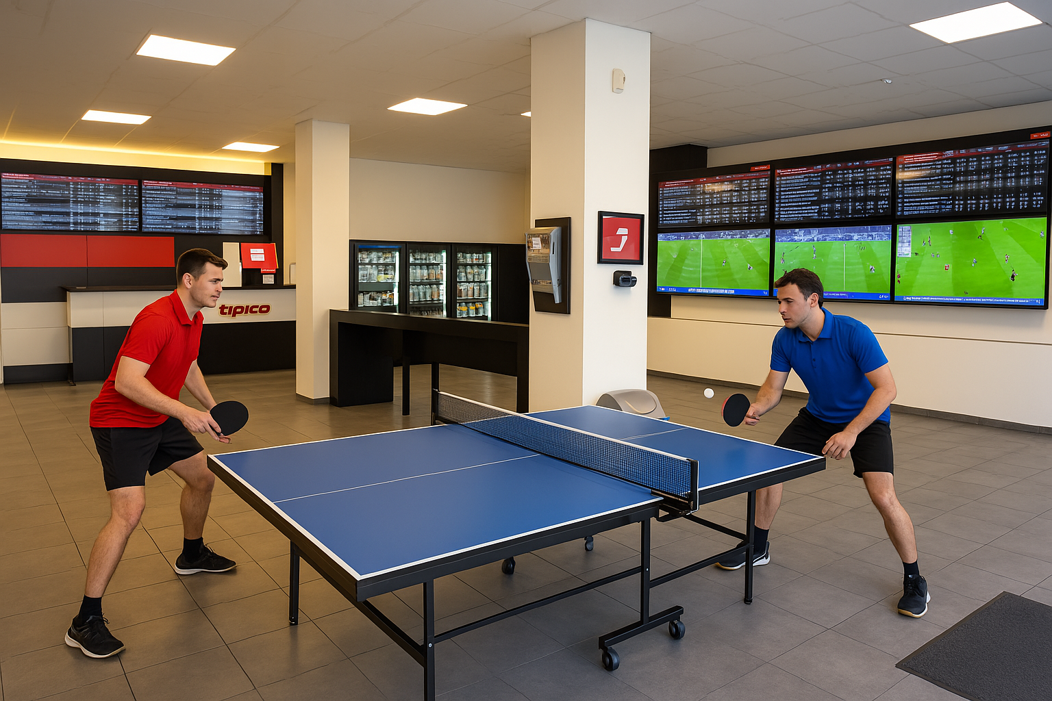 Tischtenniswetten im Fokus – Czech Liga Pro im Wettbüro erleben Zwei Männer spielen Tischtennis im Wettbüro, Symbolbild für erfolgreiche Tischtenniswetten auf die Czech Liga Pro.